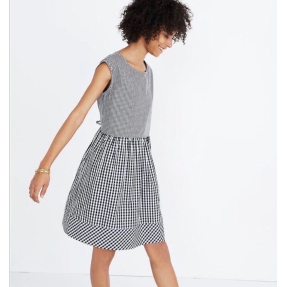 Madewell Gingham Mixed Scale Sleeveless Tie Back Dress Black‎ White XS
